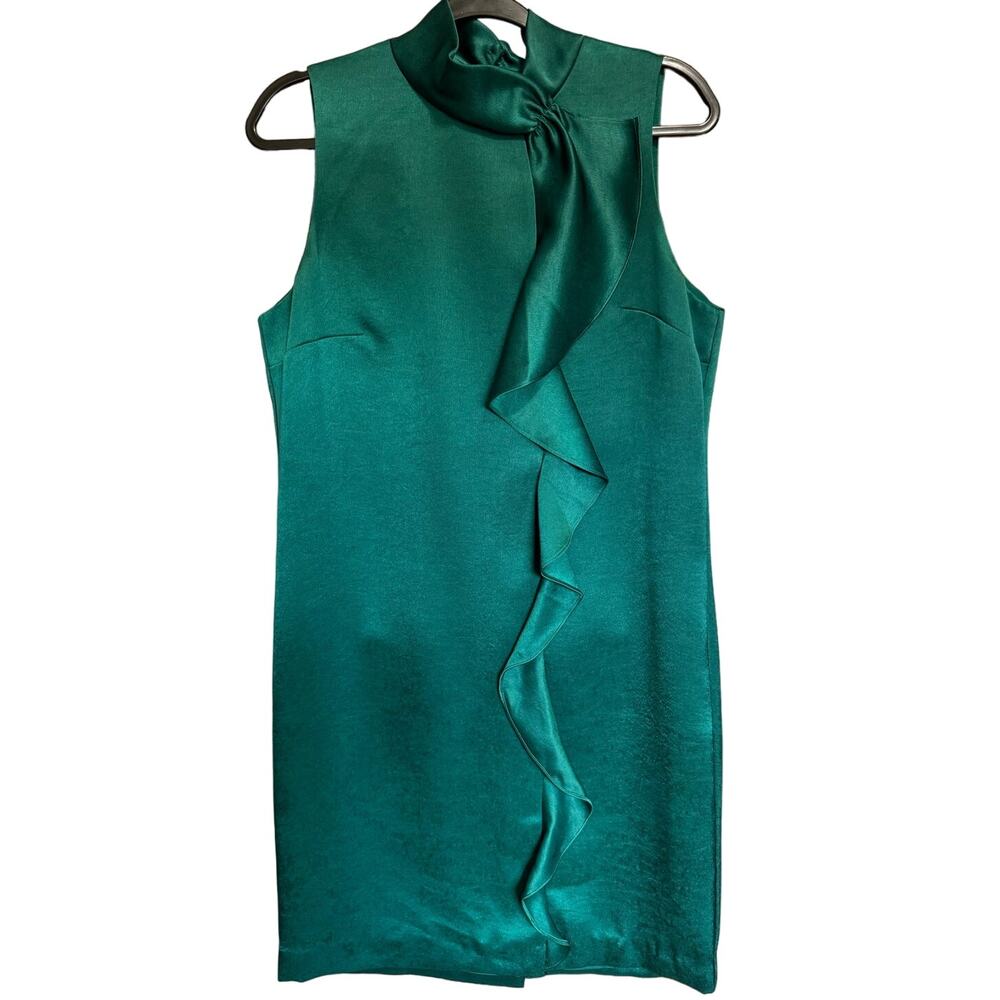 Reiss Lola Satin Ruffle Belted Cocktail Dress Emerald Green Sleeveless Size 10 - Picture 4 of 11